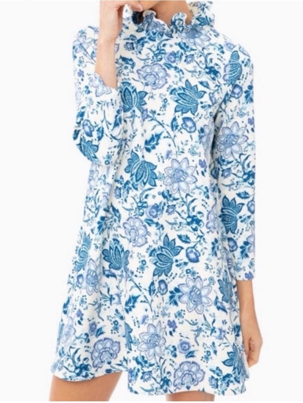 Tuckernuck Daphne Blue and White Floral Ruffle-Neck Mini Dress S